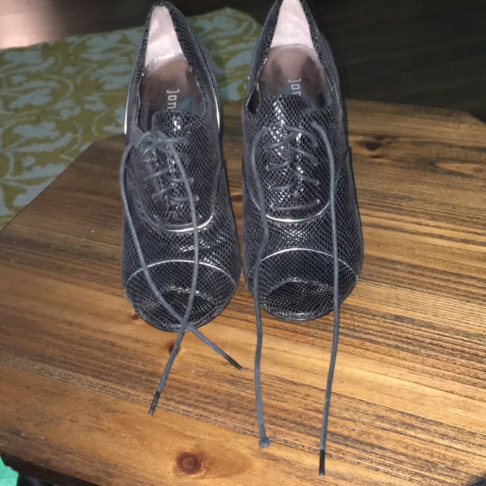 Jon Josef black leather open toe booties